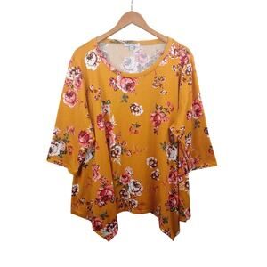 Green Envelope Tunic Top Women 2X Mustard Floral Asymmetric Romantic Cottagecore